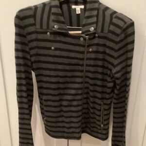 Caslon Black & Gray Striped Asymmetric Zip Jacket